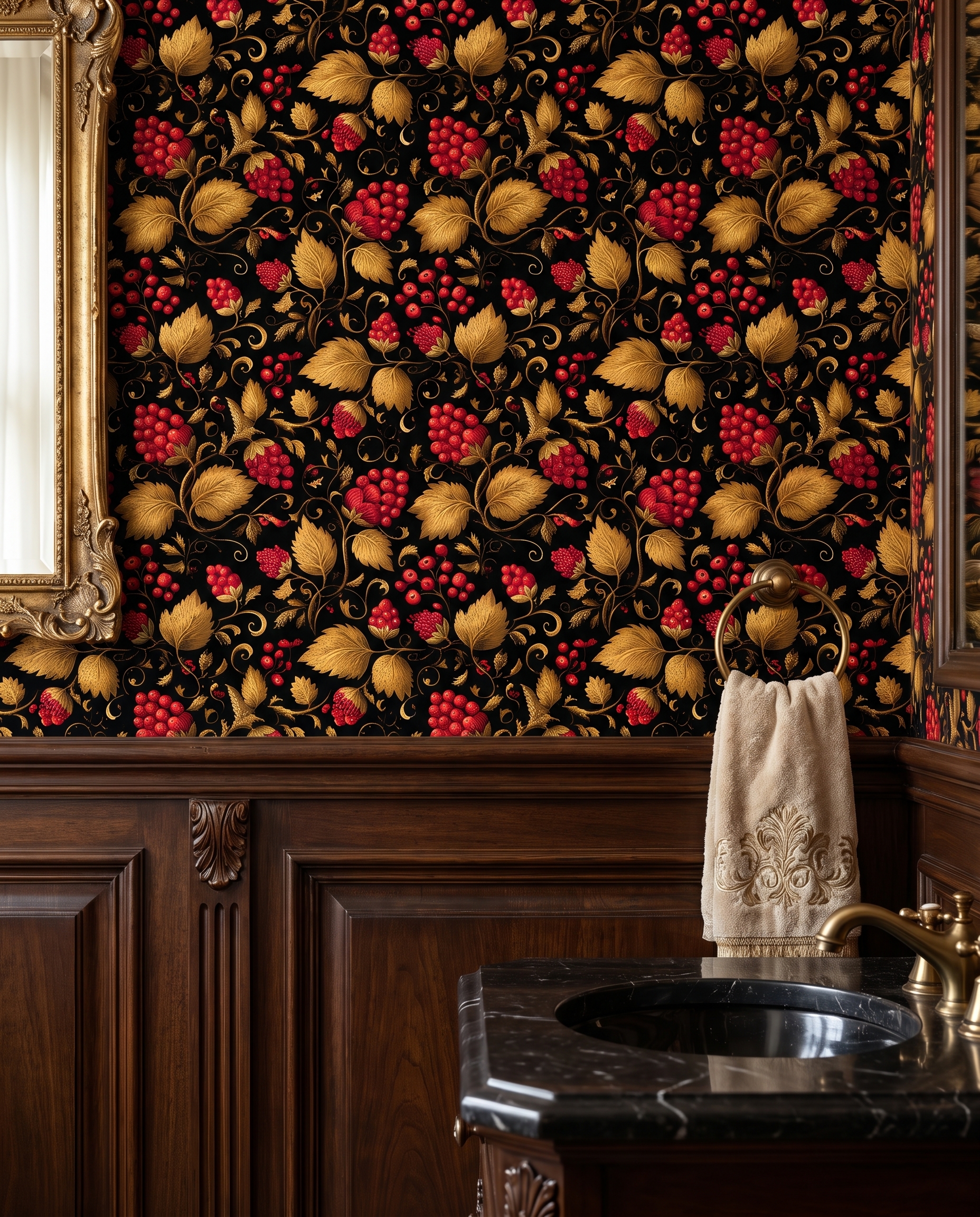 Vintage Red Berry and Gold Leaf Wallpaper, Black Botanical Peel and Stick Wallpaper for a Dramatic Dining Room Accent Wall