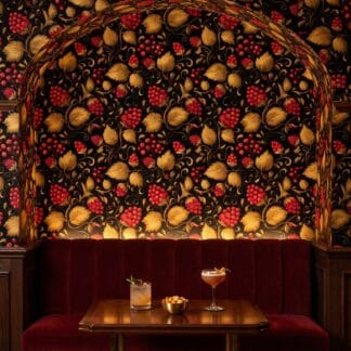 Vintage Red Berry and Gold Leaf Wallpaper, Black Botanical Peel and Stick Wallpaper for a Dramatic Dining Room Accent Wall