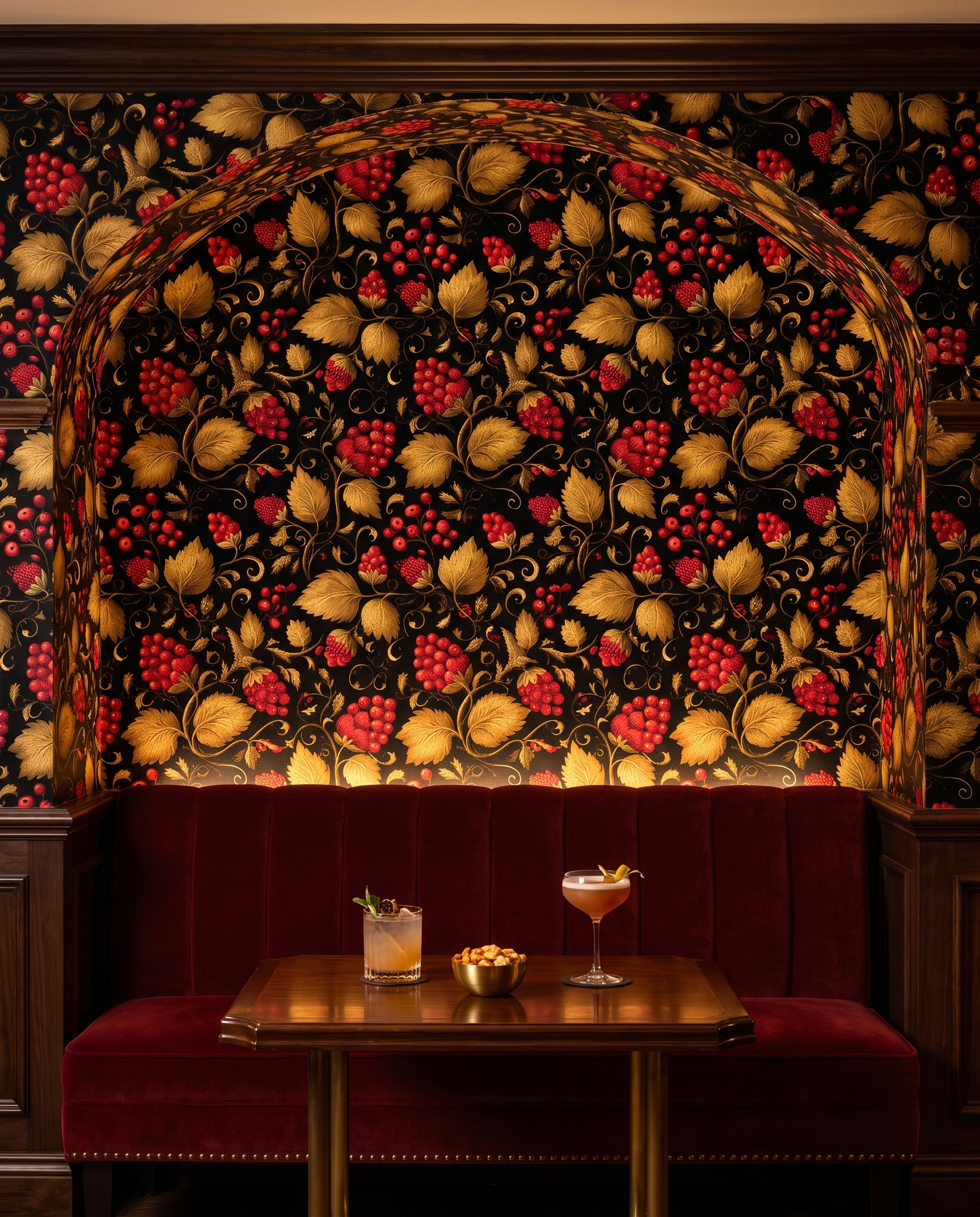 Vintage Red Berry and Gold Leaf Wallpaper, Black Botanical Peel and Stick Wallpaper for a Dramatic Dining Room Accent Wall
