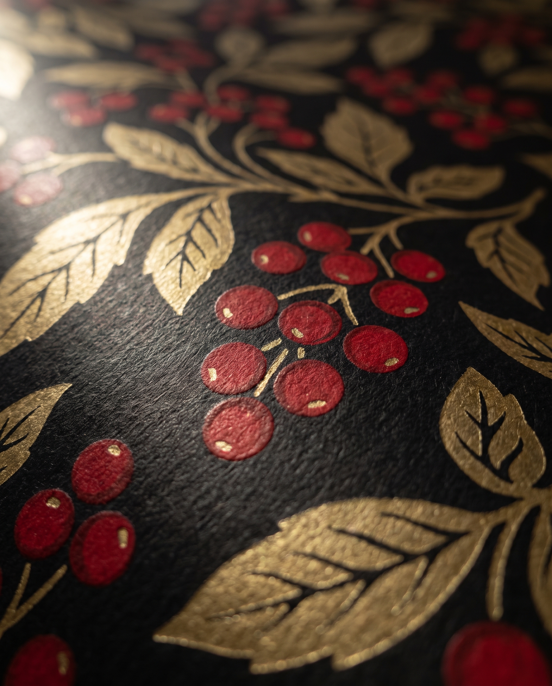 Vintage Red Berry and Gold Leaf Wallpaper, Black Botanical Peel and Stick Wallpaper for a Dramatic Dining Room Accent Wall