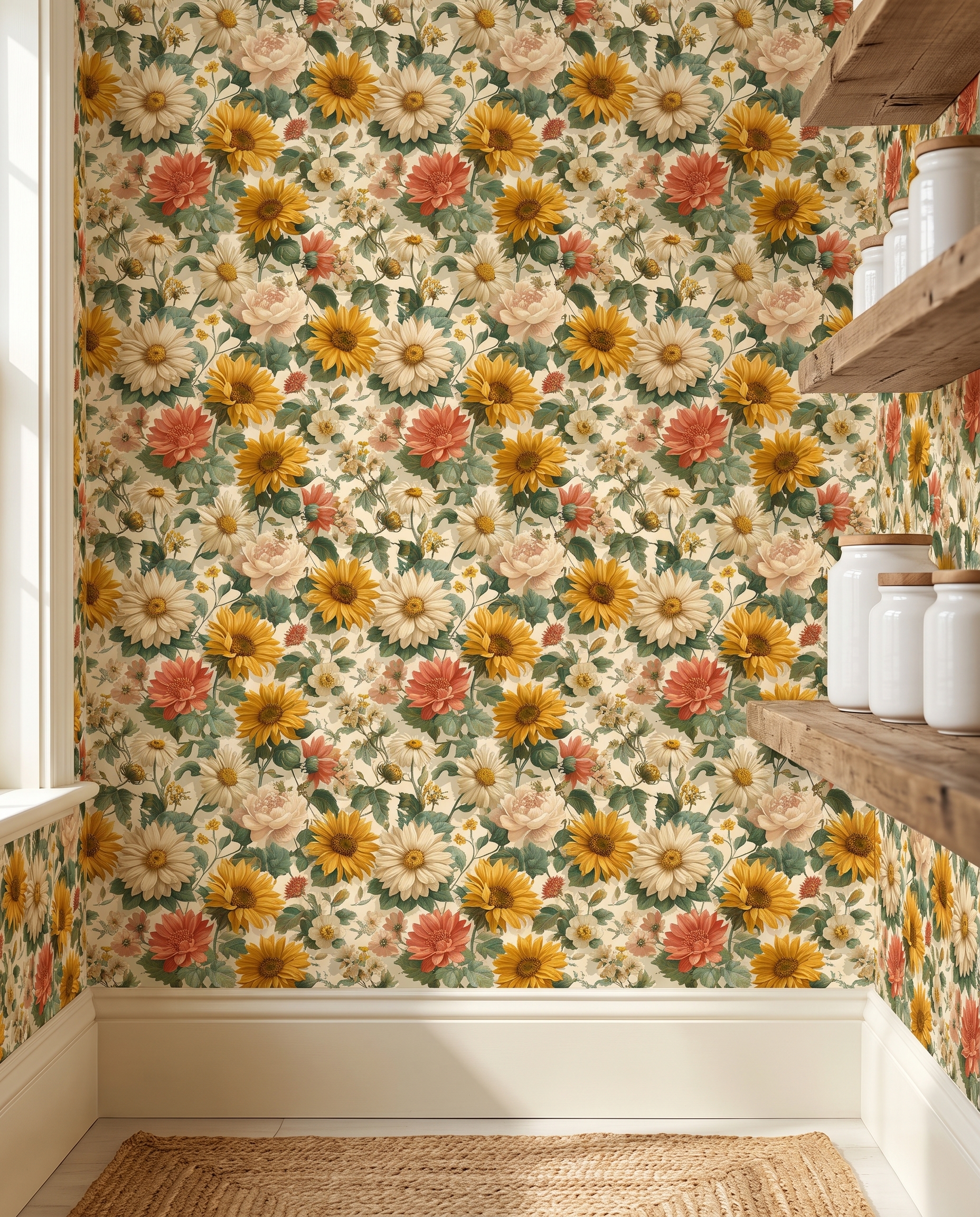 Vintage Sunflower Floral Wallpaper, Yellow and Cream Botanical Garden Peel and Stick Wallpaper, Removable Wall Mural for Bedroom Accent Wall
