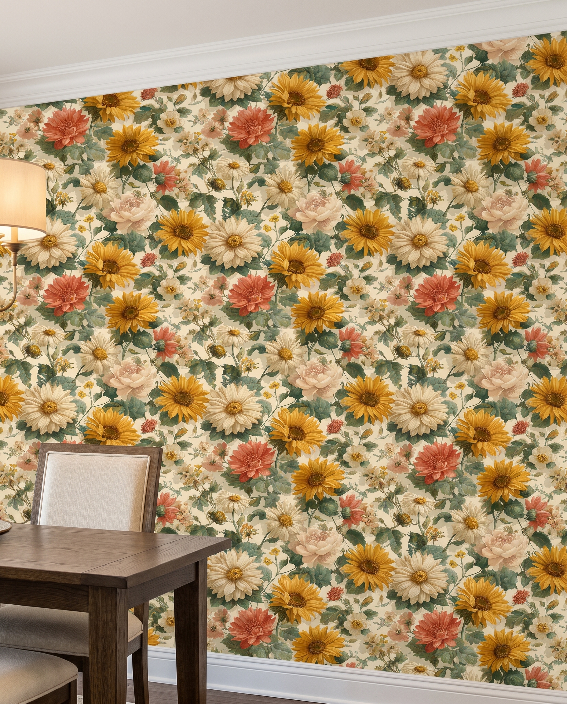 Vintage Sunflower Floral Wallpaper, Yellow and Cream Botanical Garden Peel and Stick Wallpaper, Removable Wall Mural for Bedroom Accent Wall