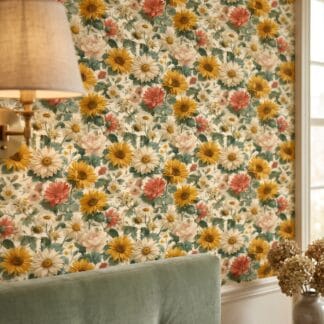 Vintage Sunflower Floral Wallpaper, Yellow and Cream Botanical Garden Peel and Stick Wallpaper, Removable Wall Mural for Bedroom Accent Wall