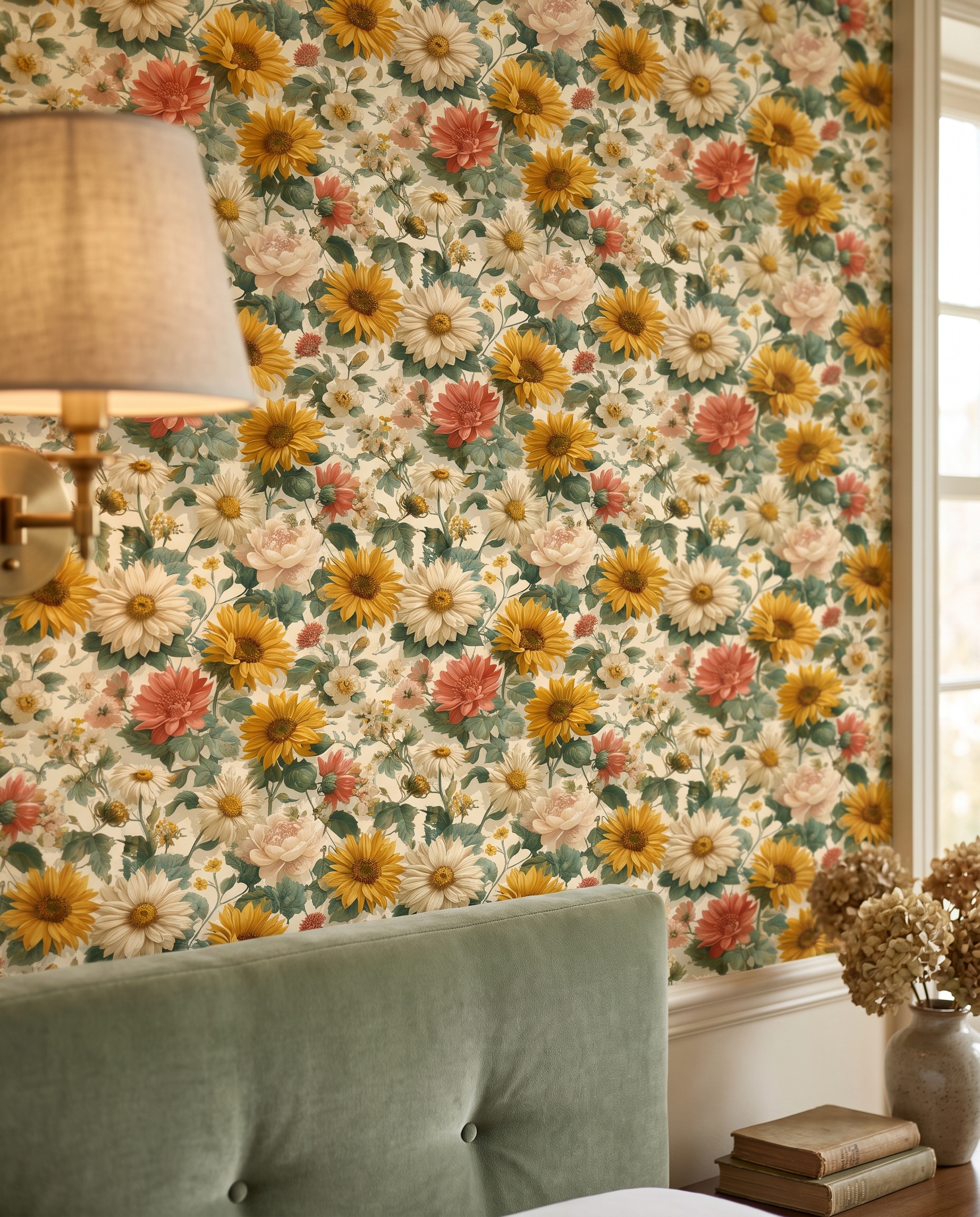 Vintage Sunflower Floral Wallpaper, Yellow and Cream Botanical Garden Peel and Stick Wallpaper, Removable Wall Mural for Bedroom Accent Wall
