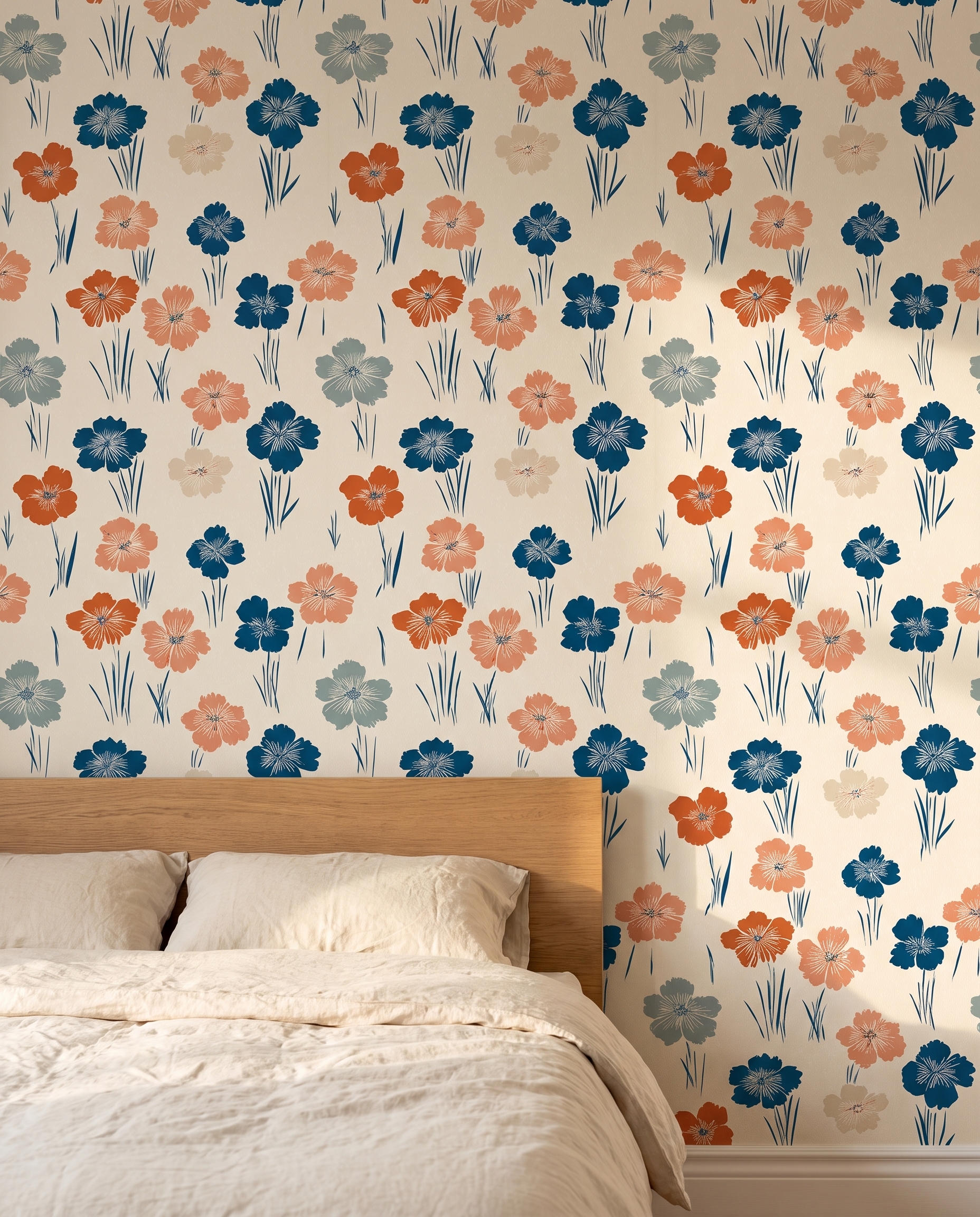 Vintage Floral Wallpaper in Navy and Rust, Retro Botanical Peel and Stick Wallpaper, Self Adhesive Mural for Living Room Accent Wall