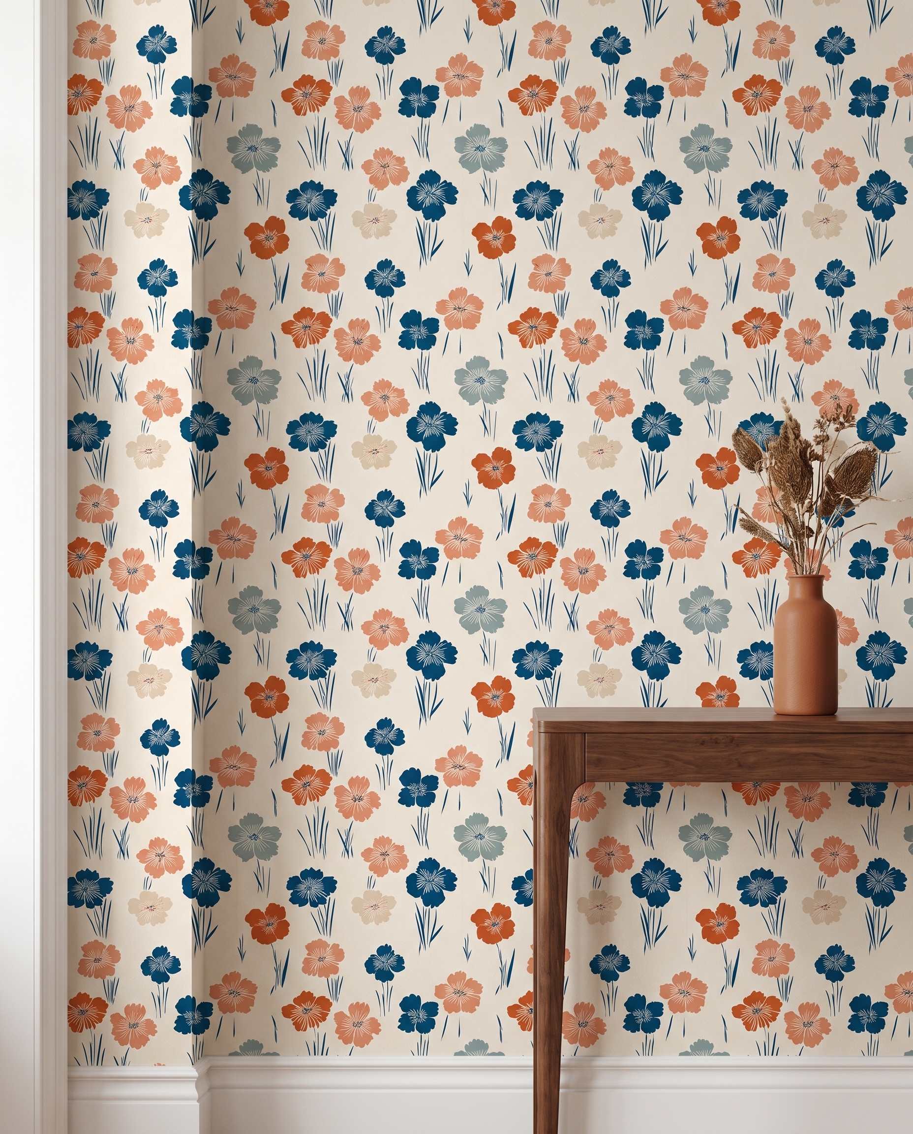 Vintage Floral Wallpaper in Navy and Rust, Retro Botanical Peel and Stick Wallpaper, Self Adhesive Mural for Living Room Accent Wall