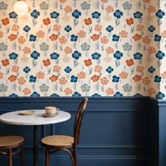 Vintage Floral Wallpaper in Navy and Rust, Retro Botanical Peel and Stick Wallpaper, Self Adhesive Mural for Living Room Accent Wall