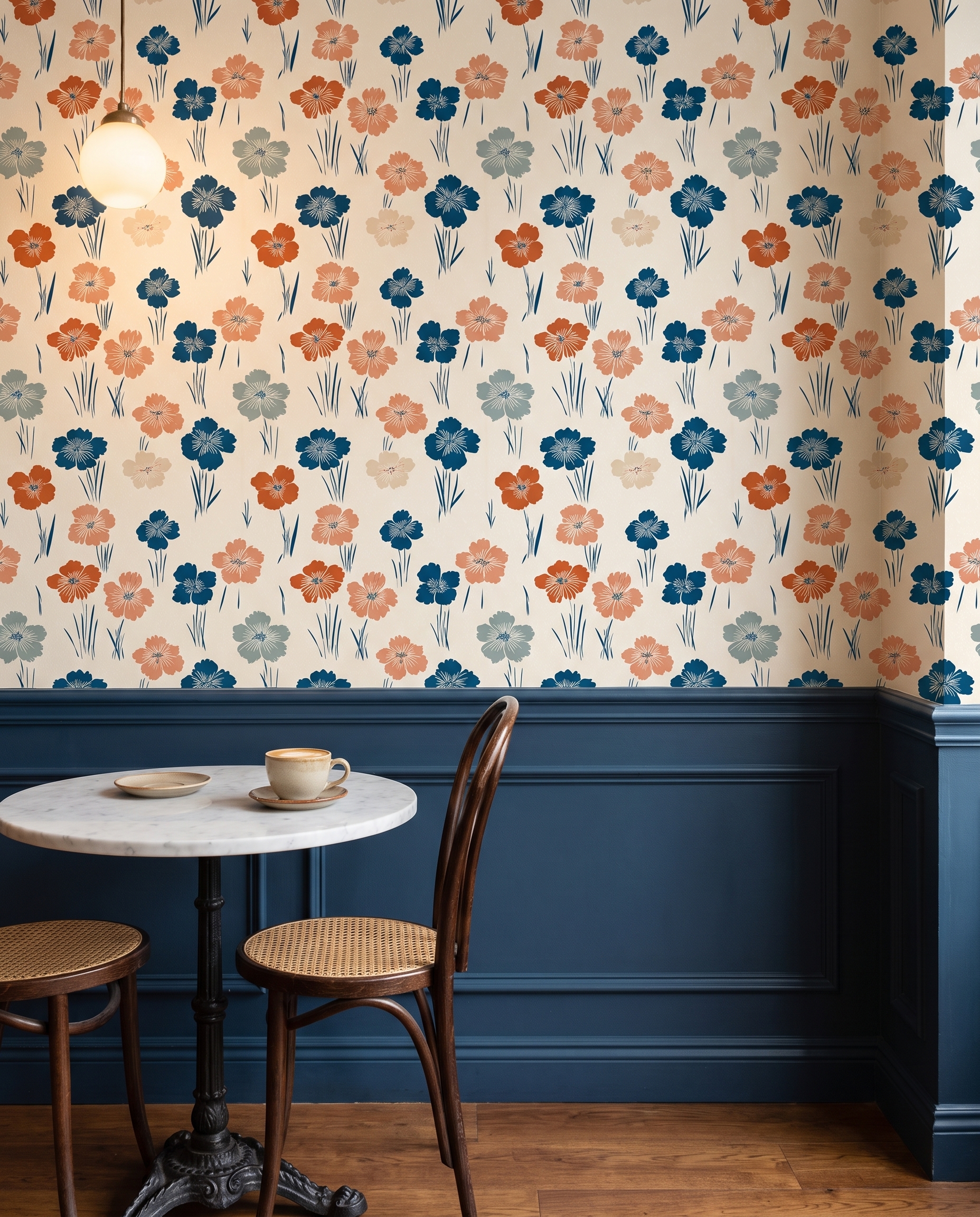 Vintage Floral Wallpaper in Navy and Rust, Retro Botanical Peel and Stick Wallpaper, Self Adhesive Mural for Living Room Accent Wall
