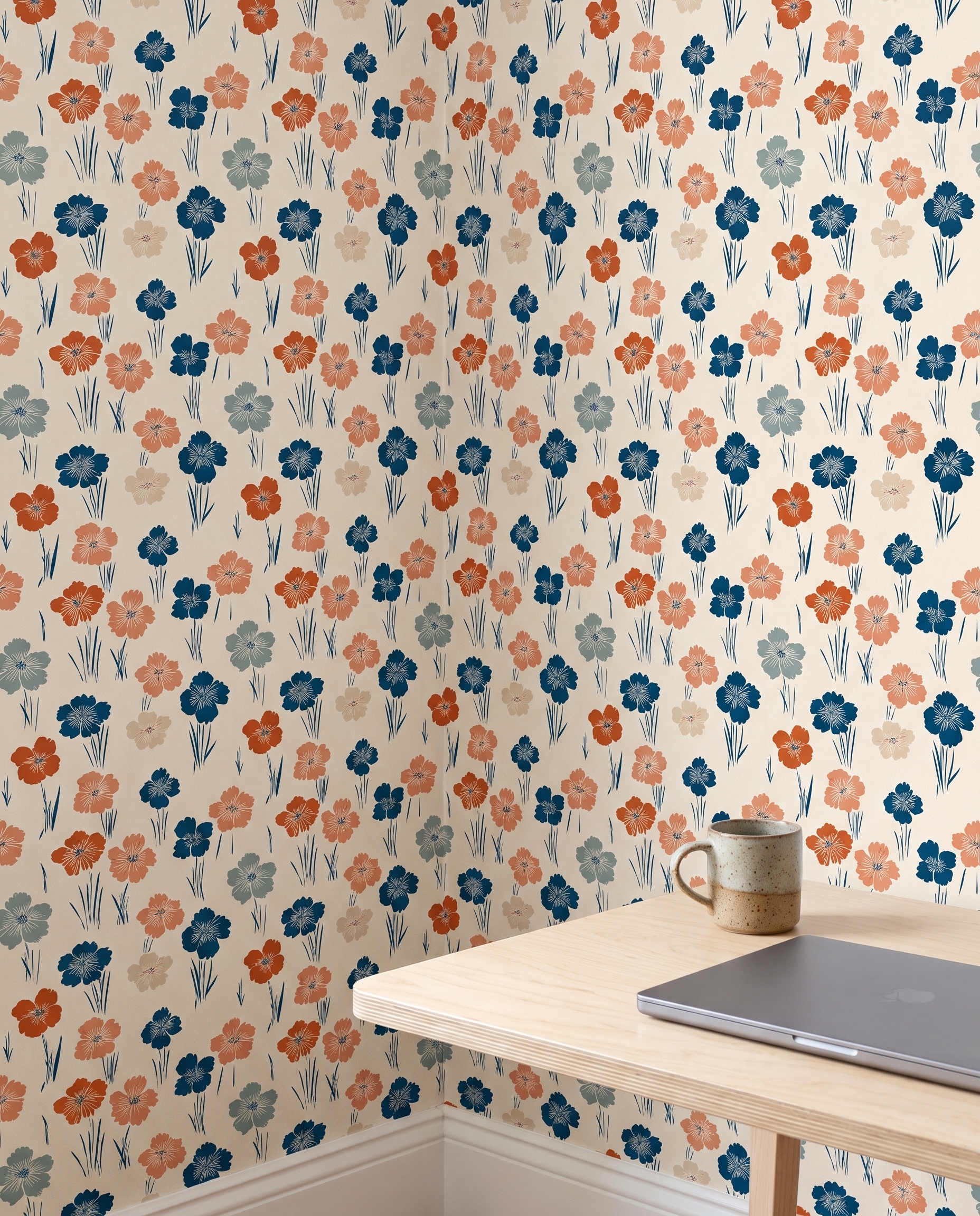 Vintage Floral Wallpaper in Navy and Rust, Retro Botanical Peel and Stick Wallpaper, Self Adhesive Mural for Living Room Accent Wall