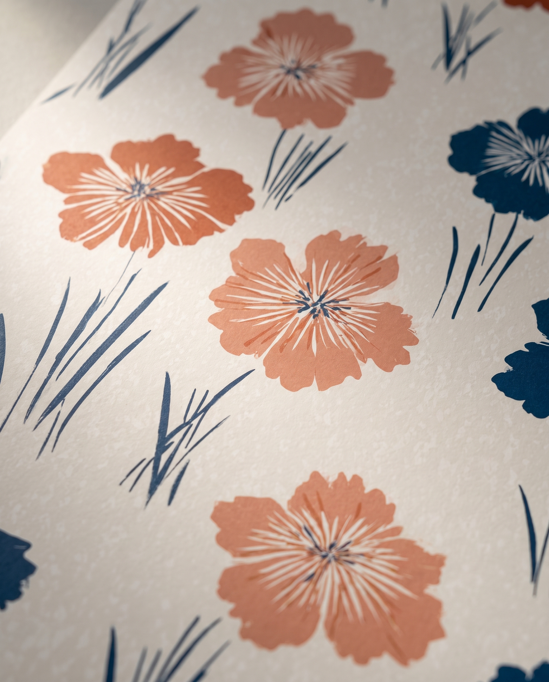 Vintage Floral Wallpaper in Navy and Rust, Retro Botanical Peel and Stick Wallpaper, Self Adhesive Mural for Living Room Accent Wall
