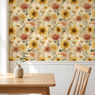 Vintage Floral Wallpaper with Yellow Sunflowers and Pink Daisies, Botanical Garden Peel and Stick Wallpaper, Removable Wall Mural for Bedroom