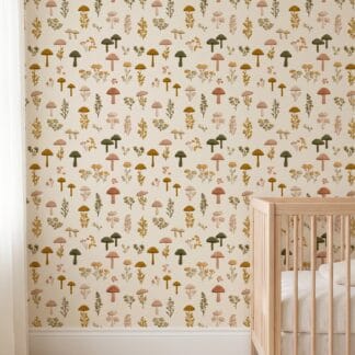 Embroidered Mushroom and Wildflower Wallpaper in Earthy Tones, Cottagecore Peel and Stick Wallpaper, Removable Mural for Nursery or Bedroom