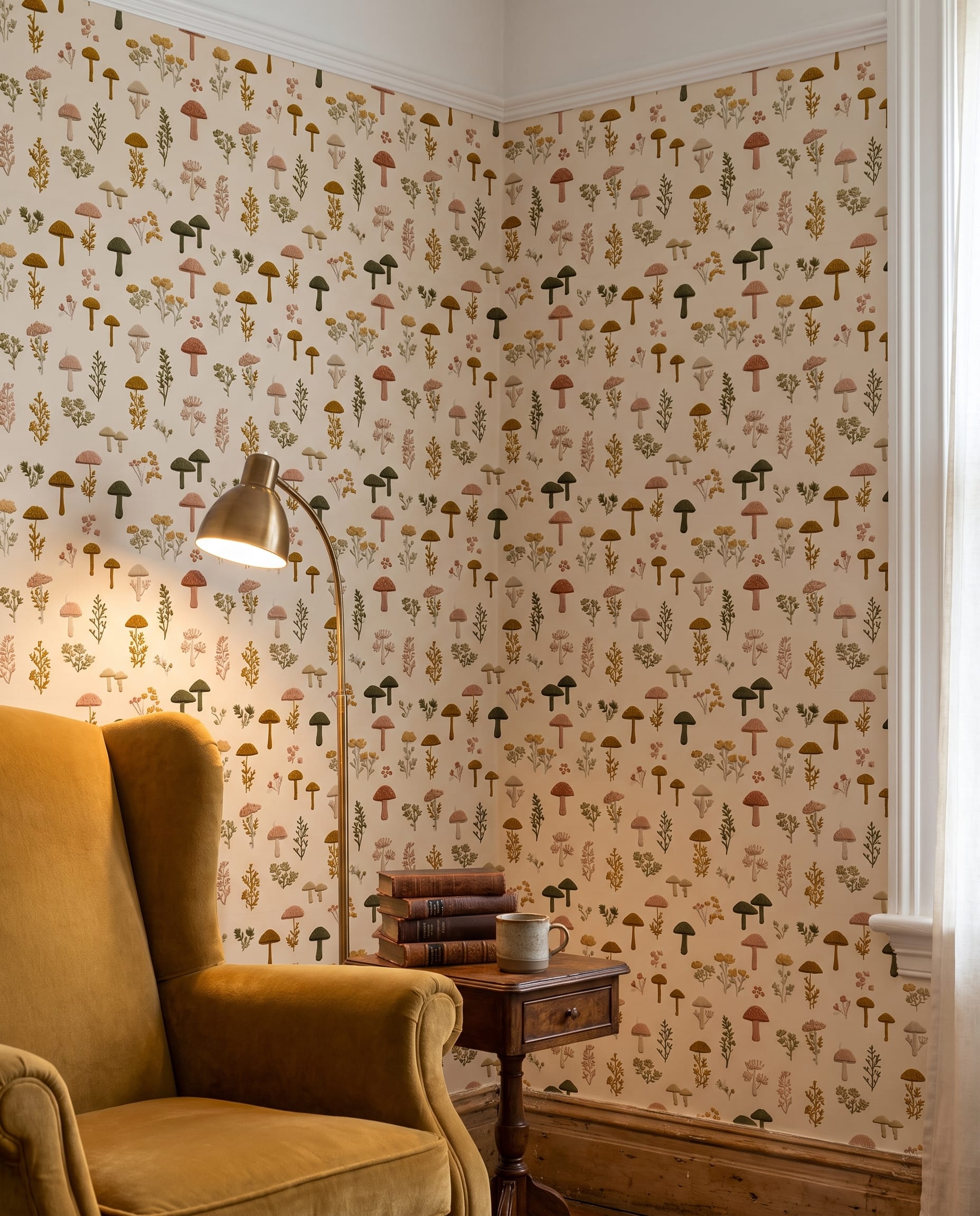 Embroidered Mushroom and Wildflower Wallpaper in Earthy Tones, Cottagecore Peel and Stick Wallpaper, Removable Mural for Nursery or Bedroom