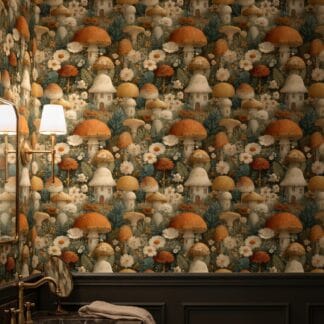 Whimsical Mushroom House Wallpaper, Vintage Forest Floral in Orange and Green, Removable Peel and Stick Wallpaper for Nursery or Kids Room