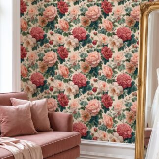 Vintage Peony Garden Wallpaper, Classic Pink and Red Floral Design, Removable Peel and Stick Wallpaper for Bedroom Accent Wall