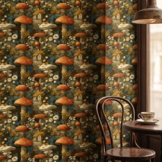 Vintage Mushroom Forest Wallpaper, Earthy Cottagecore Toadstool & Wildflower Wall Mural, Peel and Stick Wallpaper for a Whimsical Accent Wall