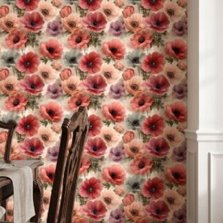Large Anemone Floral Wallpaper in Pink and Coral, Vintage Painterly Peel and Stick Wallpaper, Removable Wall Mural for Bedroom Accent Wall
