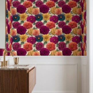 Colorful Dahlia Garden Wallpaper, Bold Jewel Tone Floral Wall Mural, Peel and Stick Wallpaper for a Modern Bedroom Accent Wall