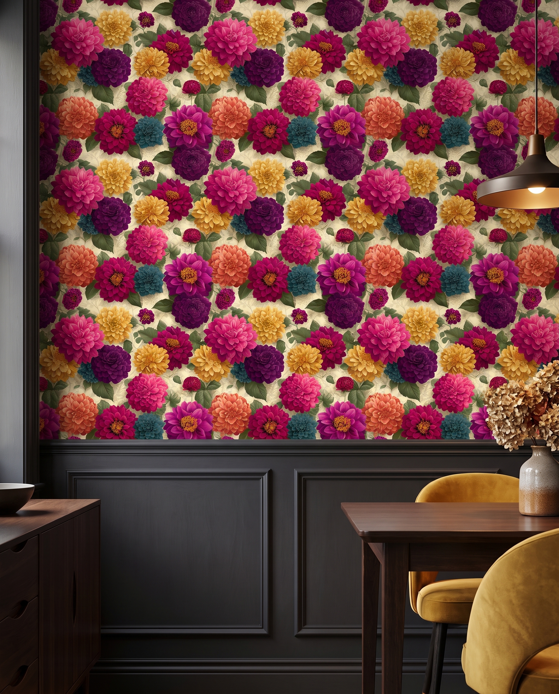 Bold Dahlia Floral Wallpaper in Jewel Tones, Vintage Botanical Peel and Stick Wallpaper, Removable Self Adhesive for Bedroom Accent Wall
