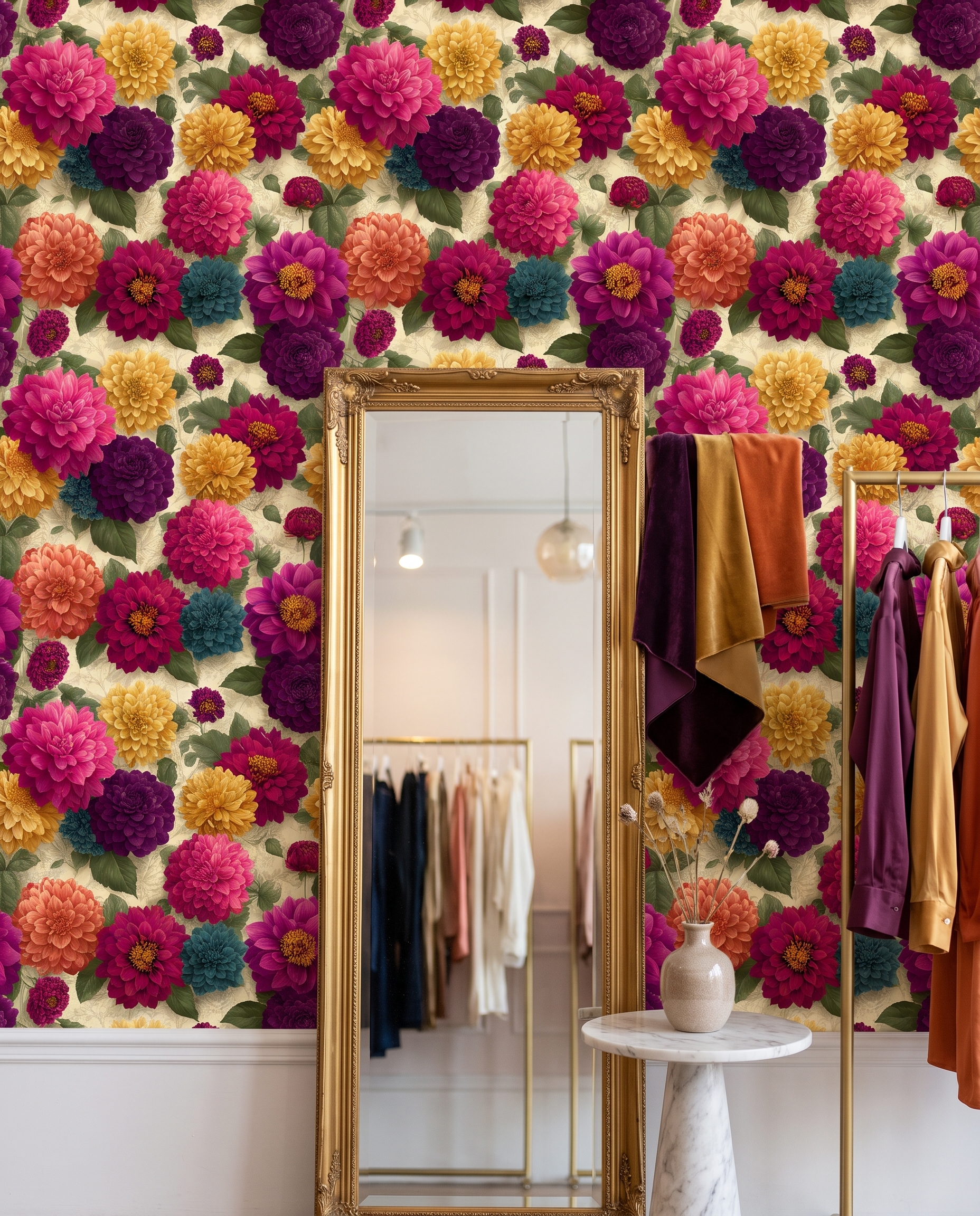Bold Dahlia Floral Wallpaper in Jewel Tones, Vintage Botanical Peel and Stick Wallpaper, Removable Self Adhesive for Bedroom Accent Wall