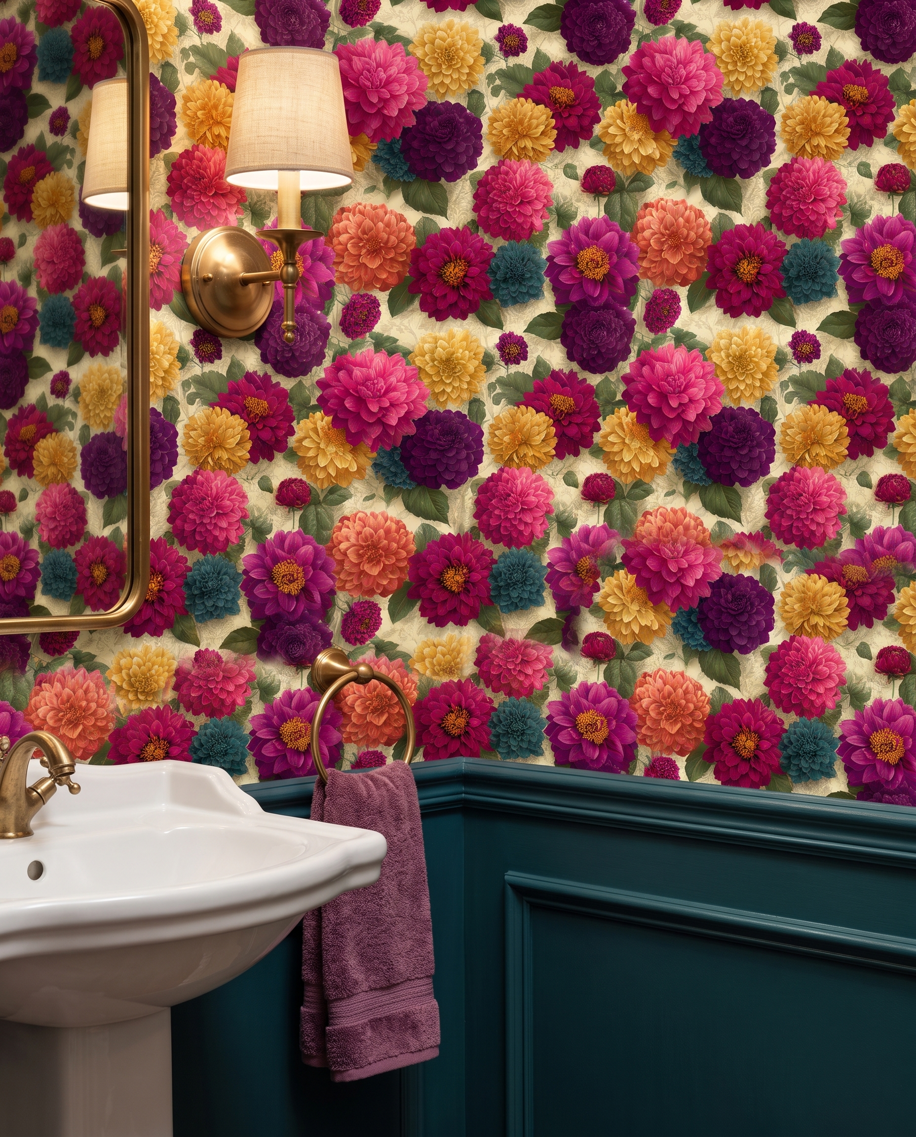 Bold Dahlia Floral Wallpaper in Jewel Tones, Vintage Botanical Peel and Stick Wallpaper, Removable Self Adhesive for Bedroom Accent Wall