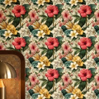 Lush Tropical Floral Wallpaper with Hibiscus and Plumeria, Vintage Botanical Peel and Stick Wallpaper, Removable Mural for Accent Wall