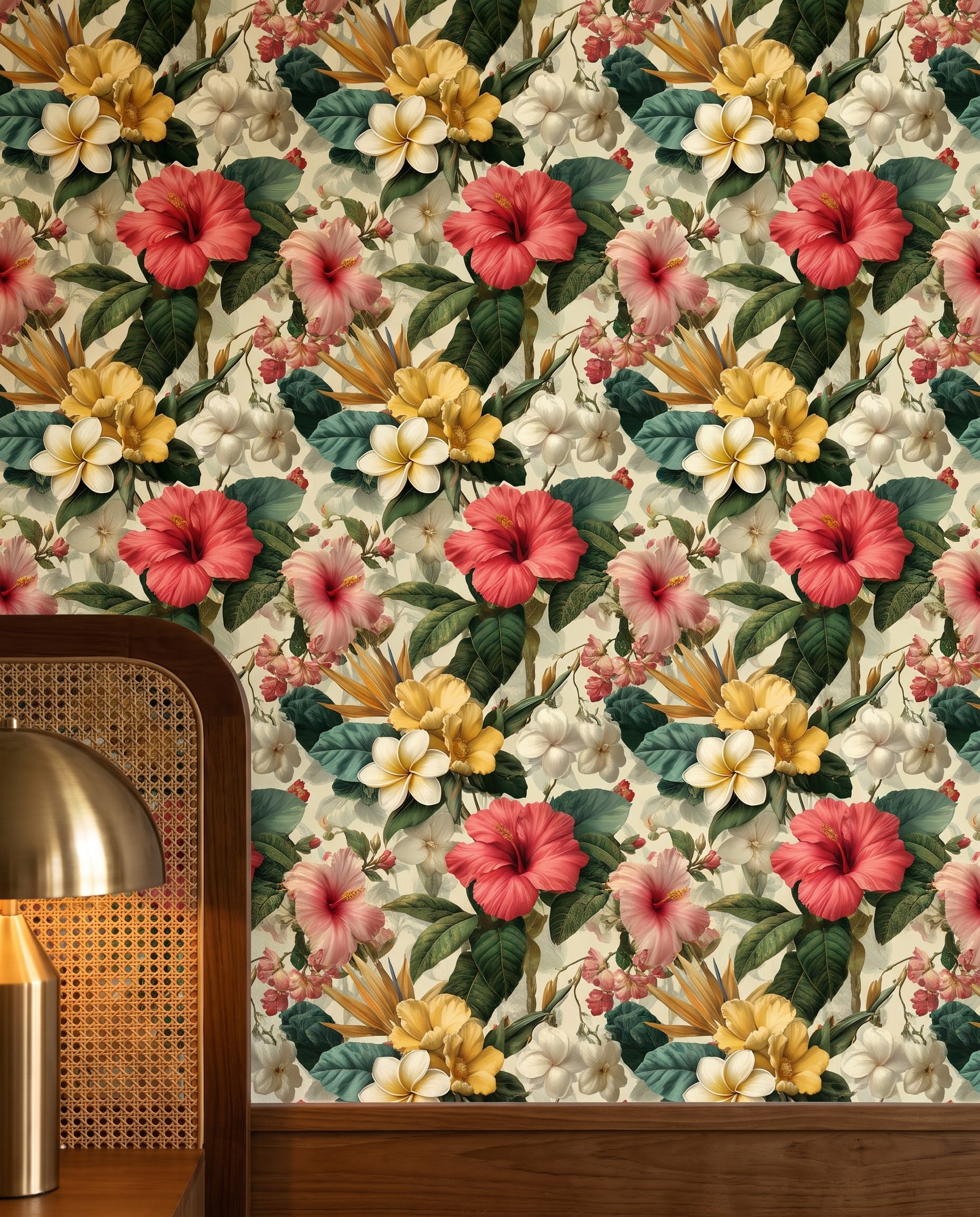 Lush Tropical Floral Wallpaper with Hibiscus and Plumeria, Vintage Botanical Peel and Stick Wallpaper, Removable Mural for Accent Wall