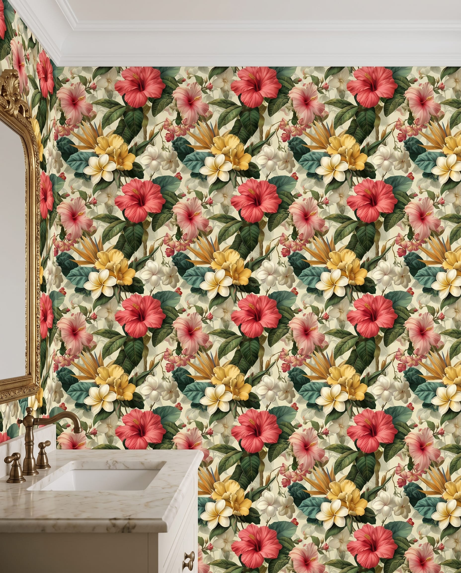 Lush Tropical Floral Wallpaper with Hibiscus and Plumeria, Vintage Botanical Peel and Stick Wallpaper, Removable Mural for Accent Wall
