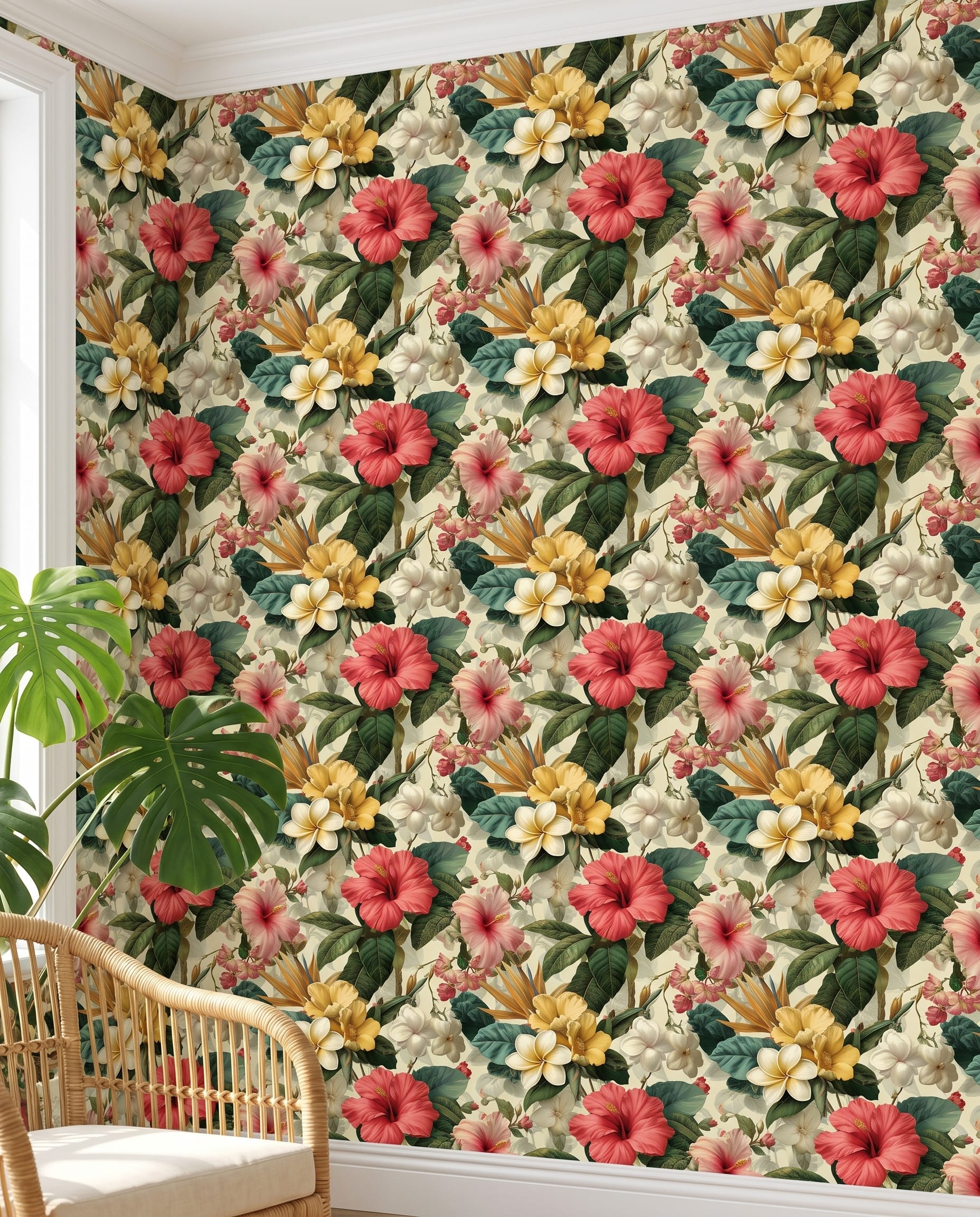 Lush Tropical Floral Wallpaper with Hibiscus and Plumeria, Vintage Botanical Peel and Stick Wallpaper, Removable Mural for Accent Wall