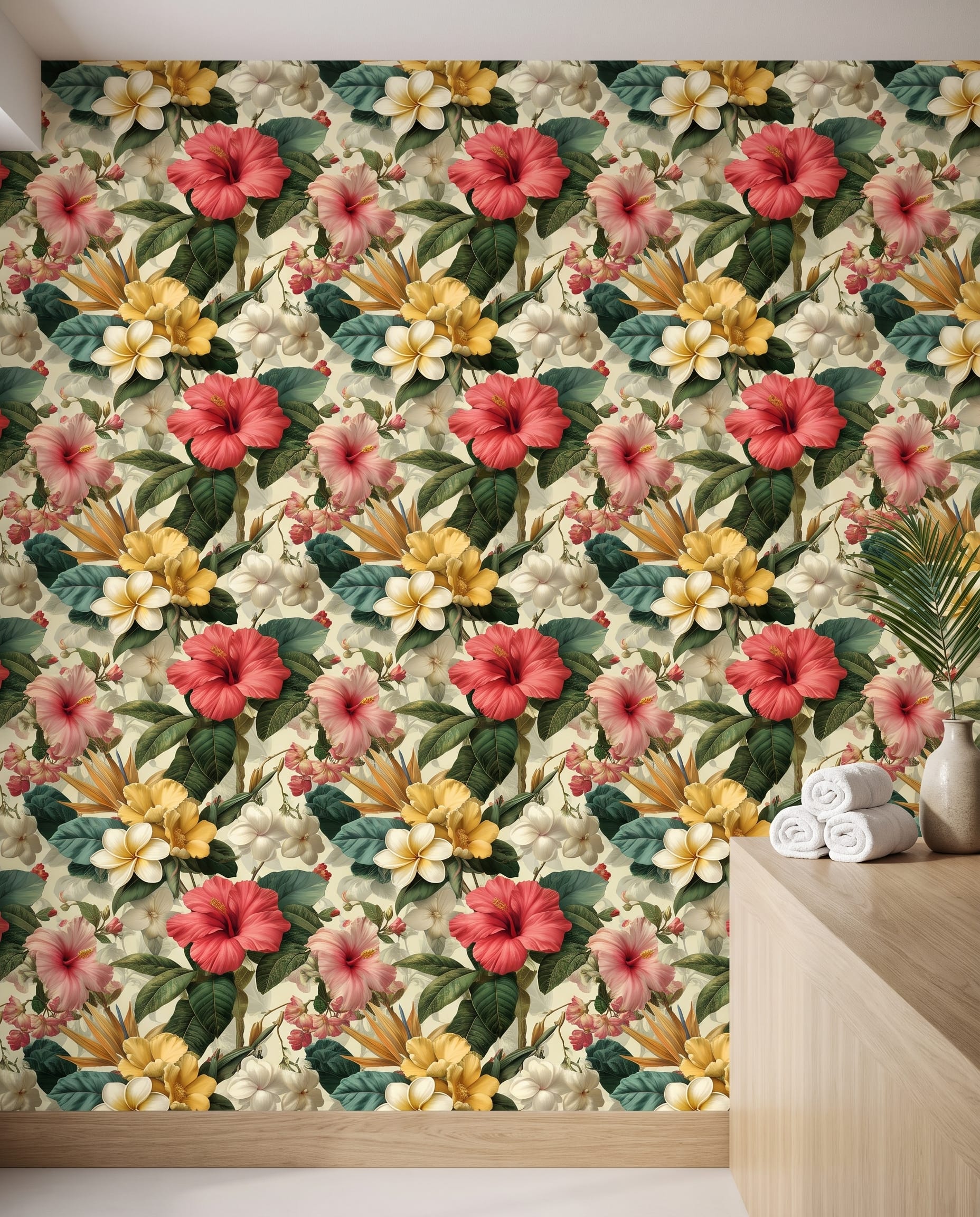 Lush Tropical Floral Wallpaper with Hibiscus and Plumeria, Vintage Botanical Peel and Stick Wallpaper, Removable Mural for Accent Wall