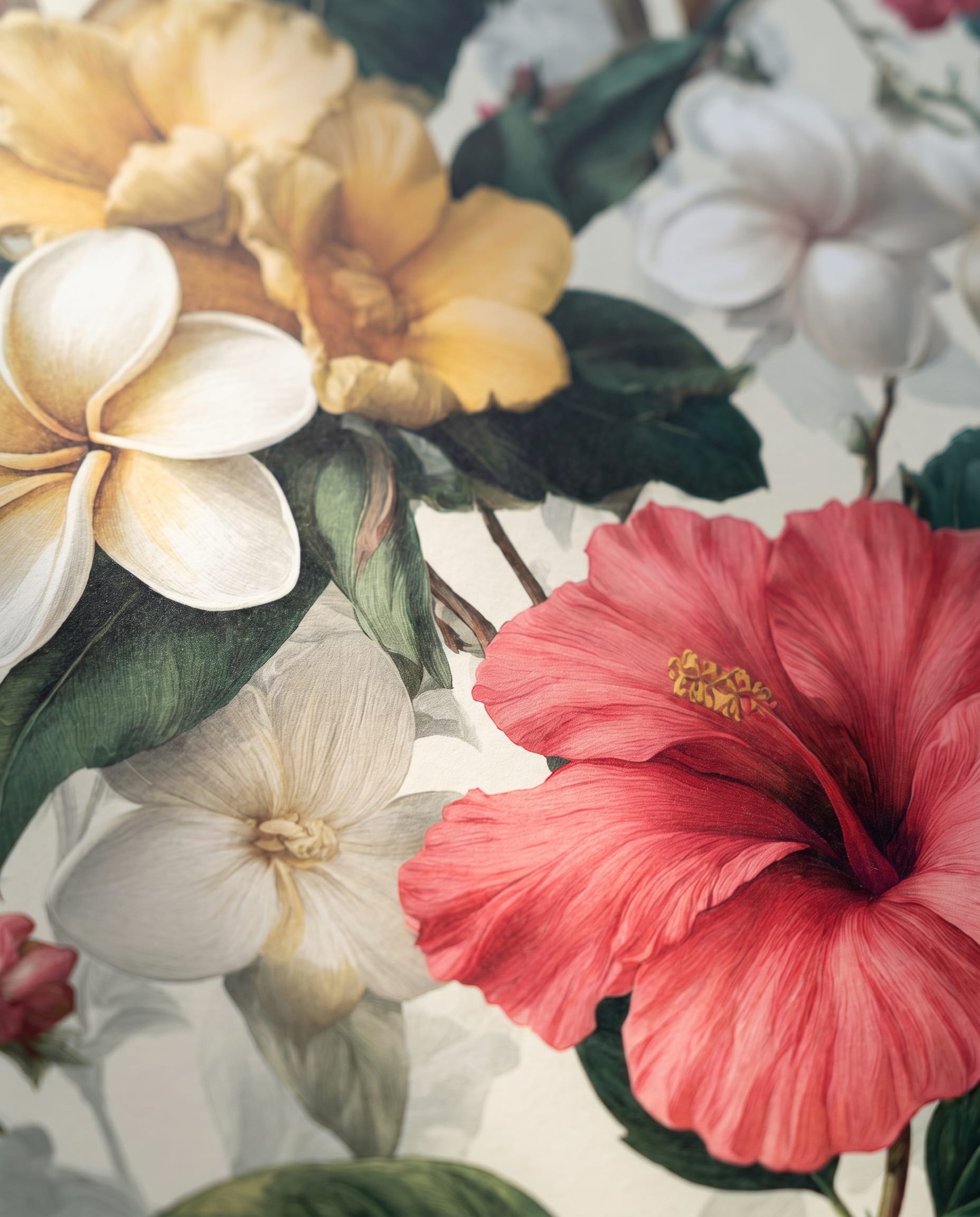 Lush Tropical Floral Wallpaper with Hibiscus and Plumeria, Vintage Botanical Peel and Stick Wallpaper, Removable Mural for Accent Wall