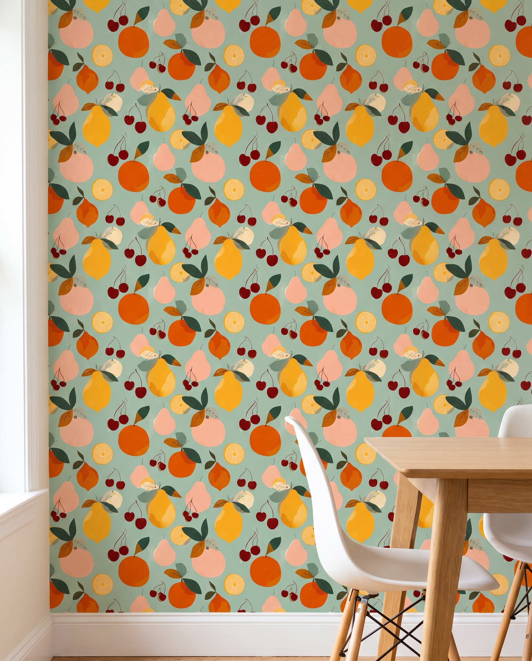 Retro Fruit Medley Wallpaper in Sage Green, Colorful Citrus and Cherry Self Adhesive Wallpaper for Kitchen or Nursery Accent Wall