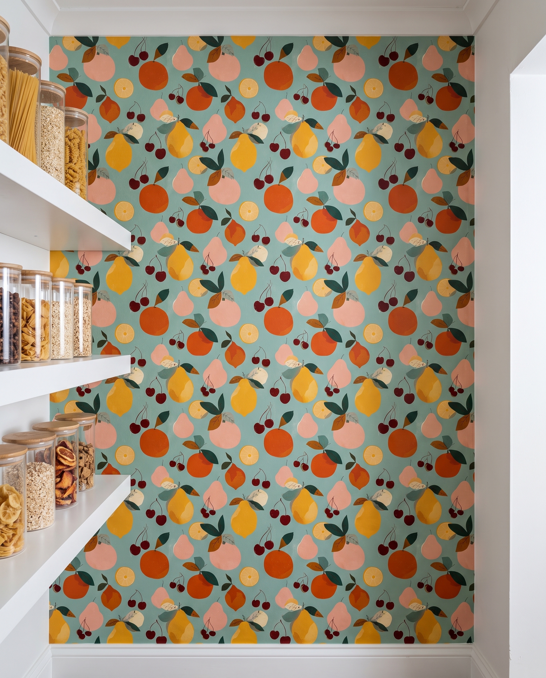 Retro Fruit Medley Wallpaper in Sage Green, Colorful Citrus and Cherry Self Adhesive Wallpaper for Kitchen or Nursery Accent Wall