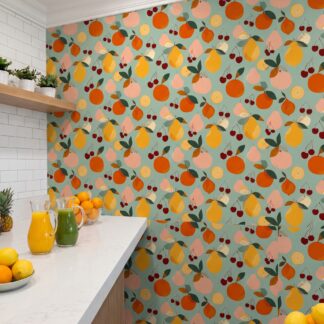 Retro Fruit Medley Wallpaper in Sage Green, Colorful Citrus and Cherry Self Adhesive Wallpaper for Kitchen or Nursery Accent Wall