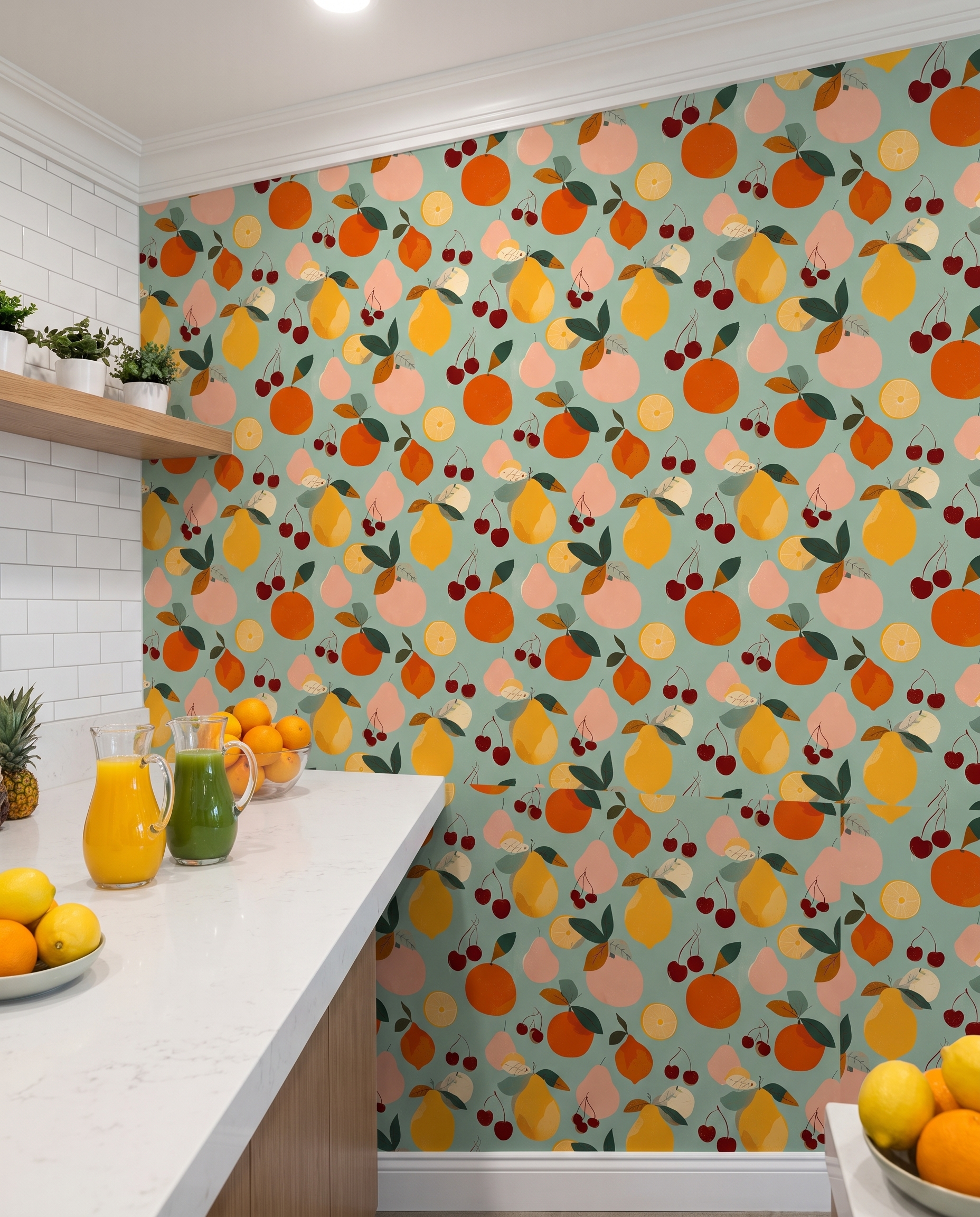Retro Fruit Medley Wallpaper in Sage Green, Colorful Citrus and Cherry Self Adhesive Wallpaper for Kitchen or Nursery Accent Wall