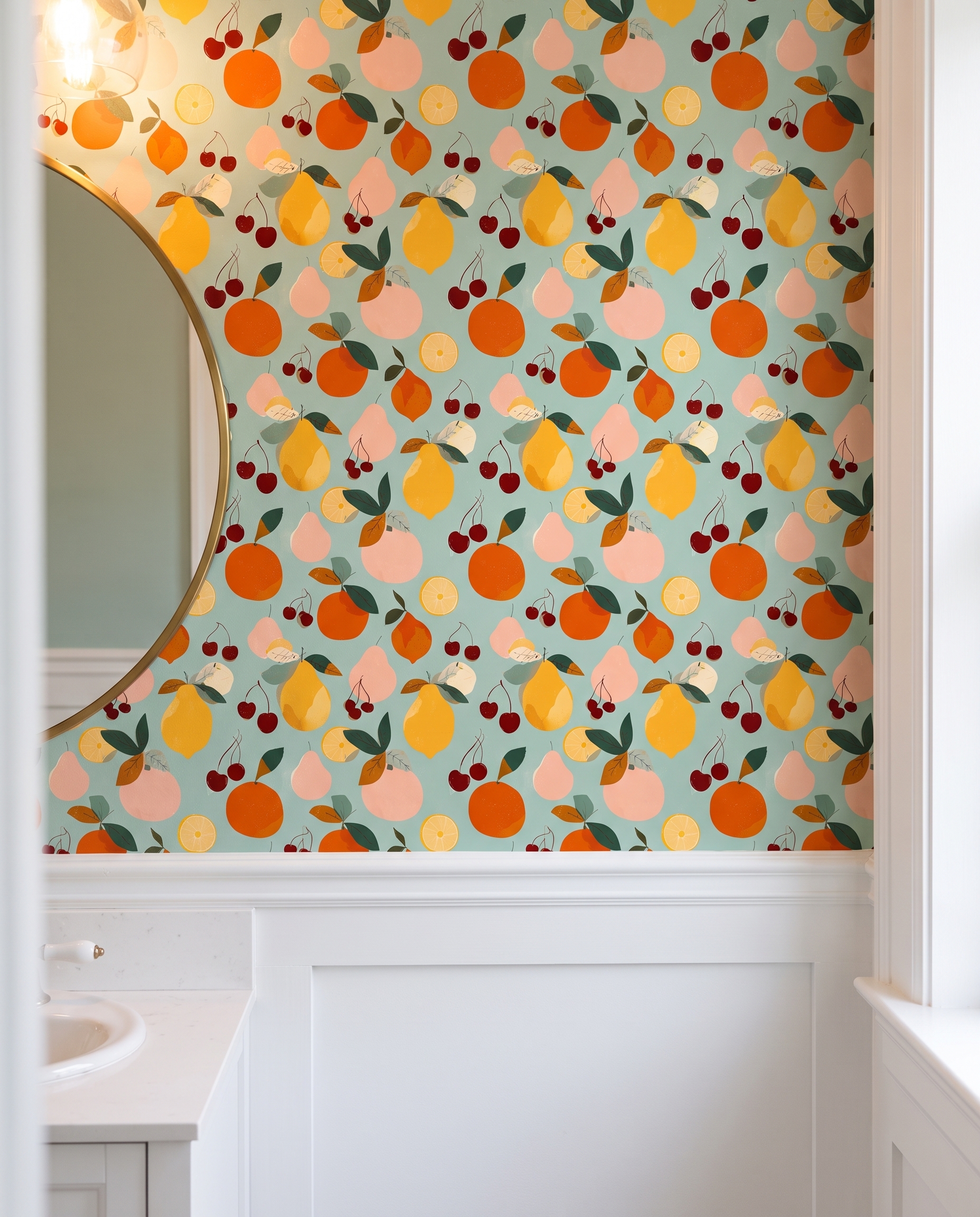 Retro Fruit Medley Wallpaper in Sage Green, Colorful Citrus and Cherry Self Adhesive Wallpaper for Kitchen or Nursery Accent Wall