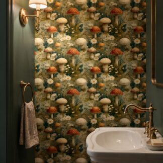 Vintage Mushroom Forest Wallpaper in Sage Green and Orange, Whimsical Botanical Wall Mural, Peel and Stick Wallpaper for a Nursery Accent Wall
