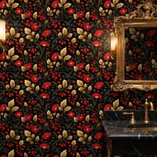 Vintage Strawberry Floral Wallpaper in Red and Gold, Black Peel and Stick Wallpaper, Removable Wall Mural for a Dramatic Dining Room Accent Wall