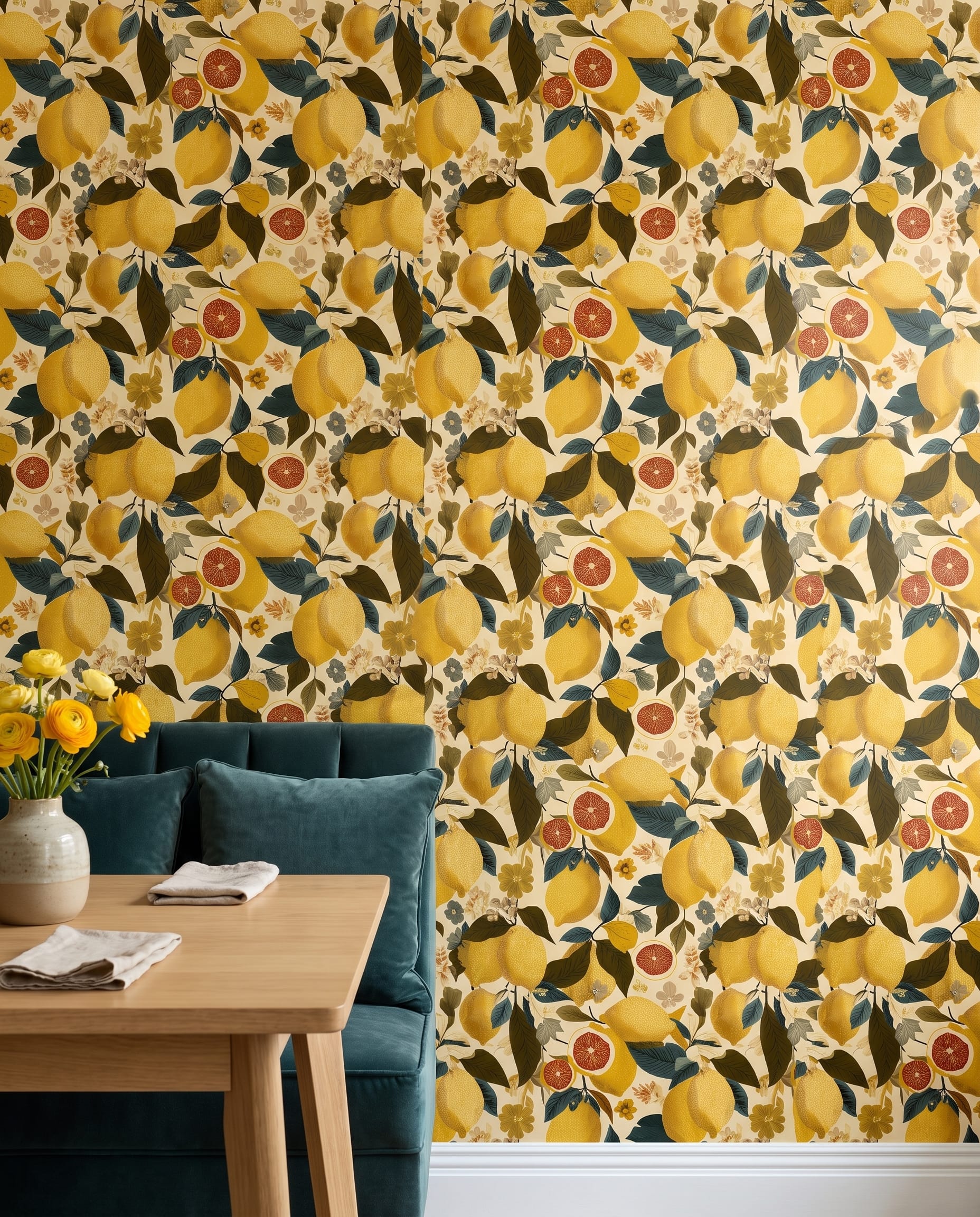 Vintage Lemon Grove Wallpaper, Yellow and Green Botanical Peel and Stick Wallpaper for a Cheerful Kitchen Accent Wall