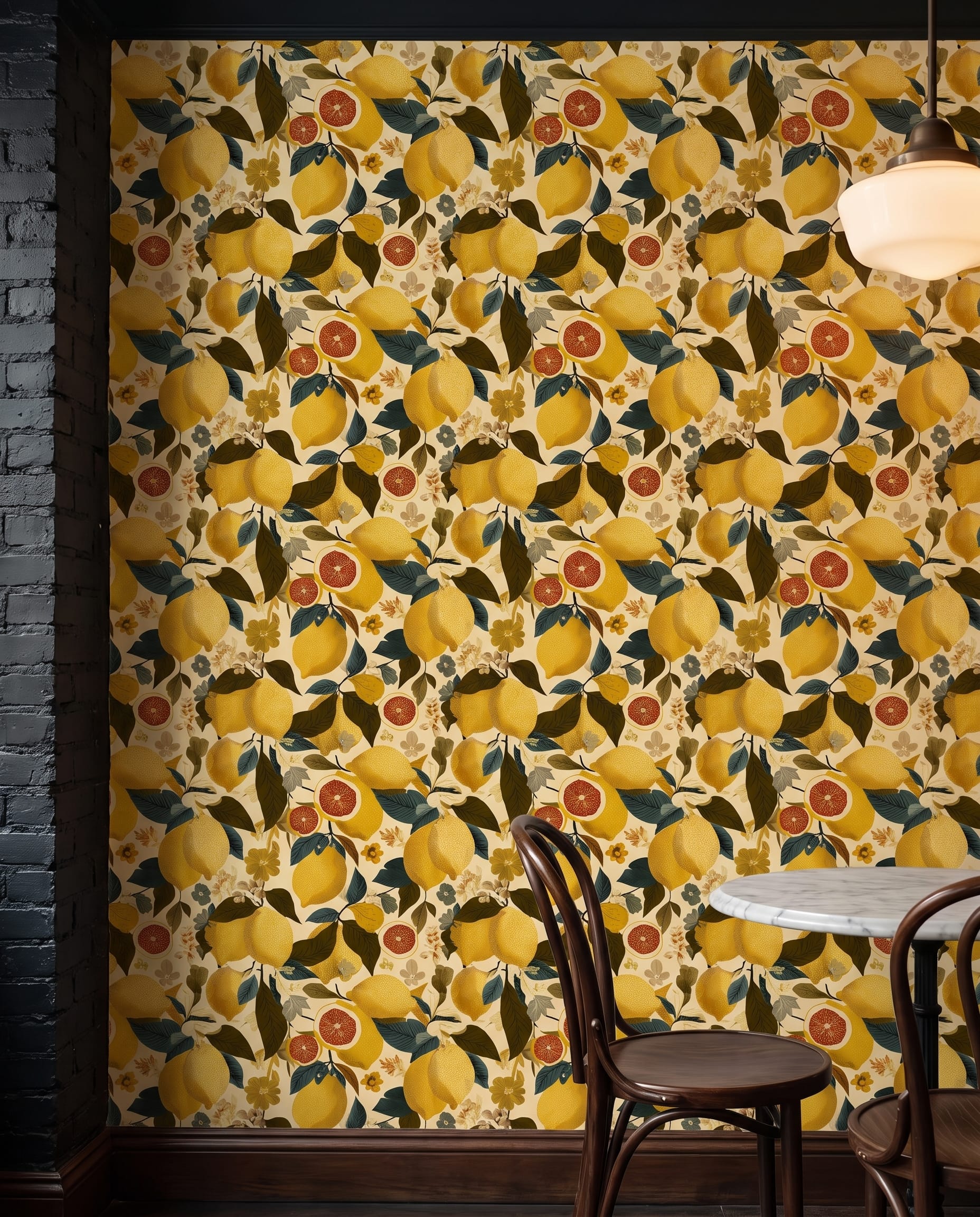 Vintage Lemon Grove Wallpaper, Yellow and Green Botanical Peel and Stick Wallpaper for a Cheerful Kitchen Accent Wall