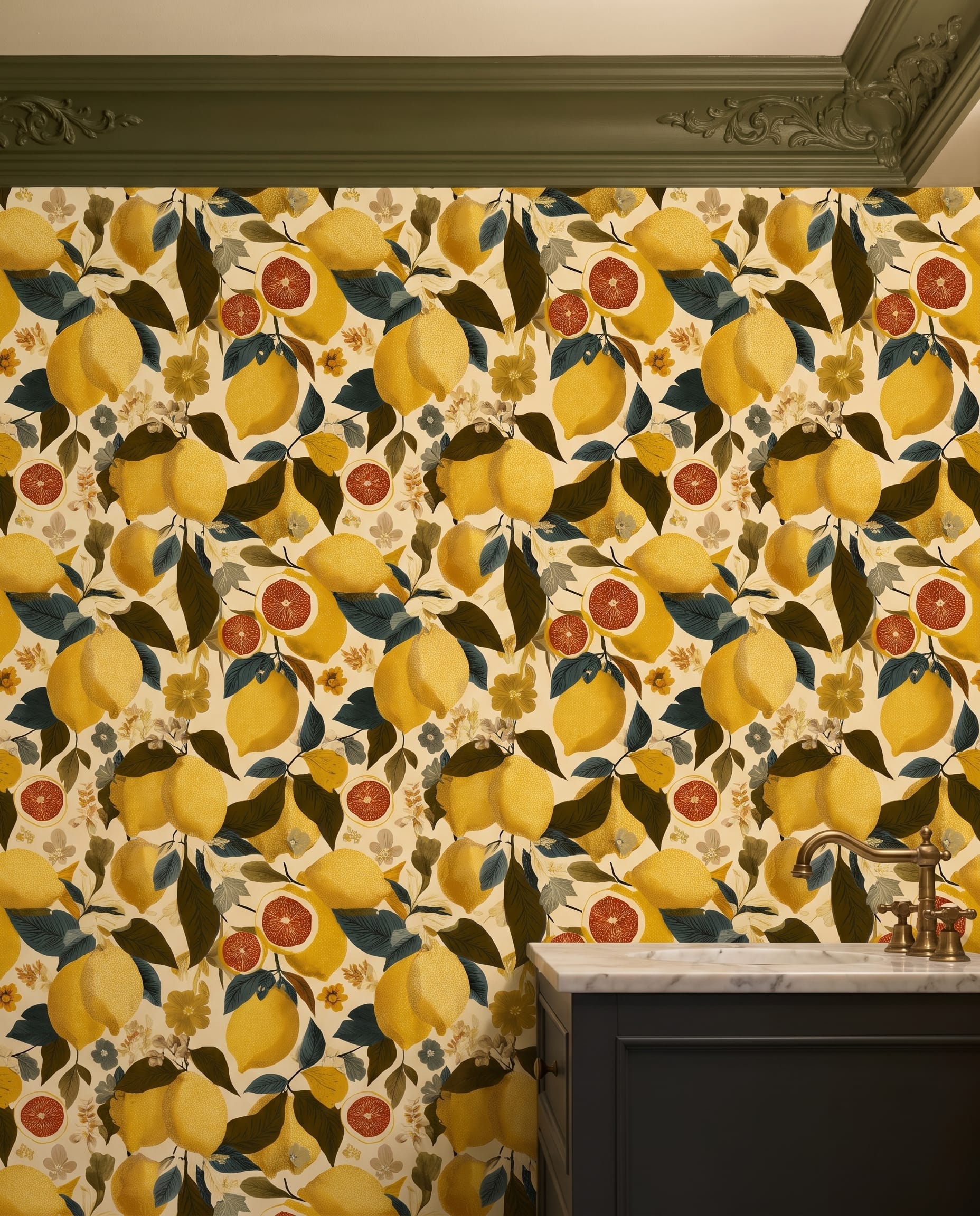 Vintage Lemon Grove Wallpaper, Yellow and Green Botanical Peel and Stick Wallpaper for a Cheerful Kitchen Accent Wall