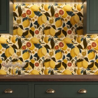 Vintage Lemon Grove Wallpaper, Yellow and Green Botanical Peel and Stick Wallpaper for a Cheerful Kitchen Accent Wall