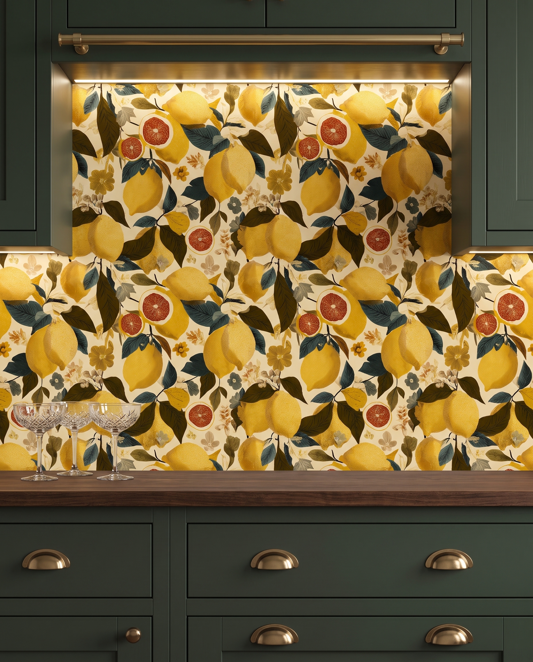 Vintage Lemon Grove Wallpaper, Yellow and Green Botanical Peel and Stick Wallpaper for a Cheerful Kitchen Accent Wall