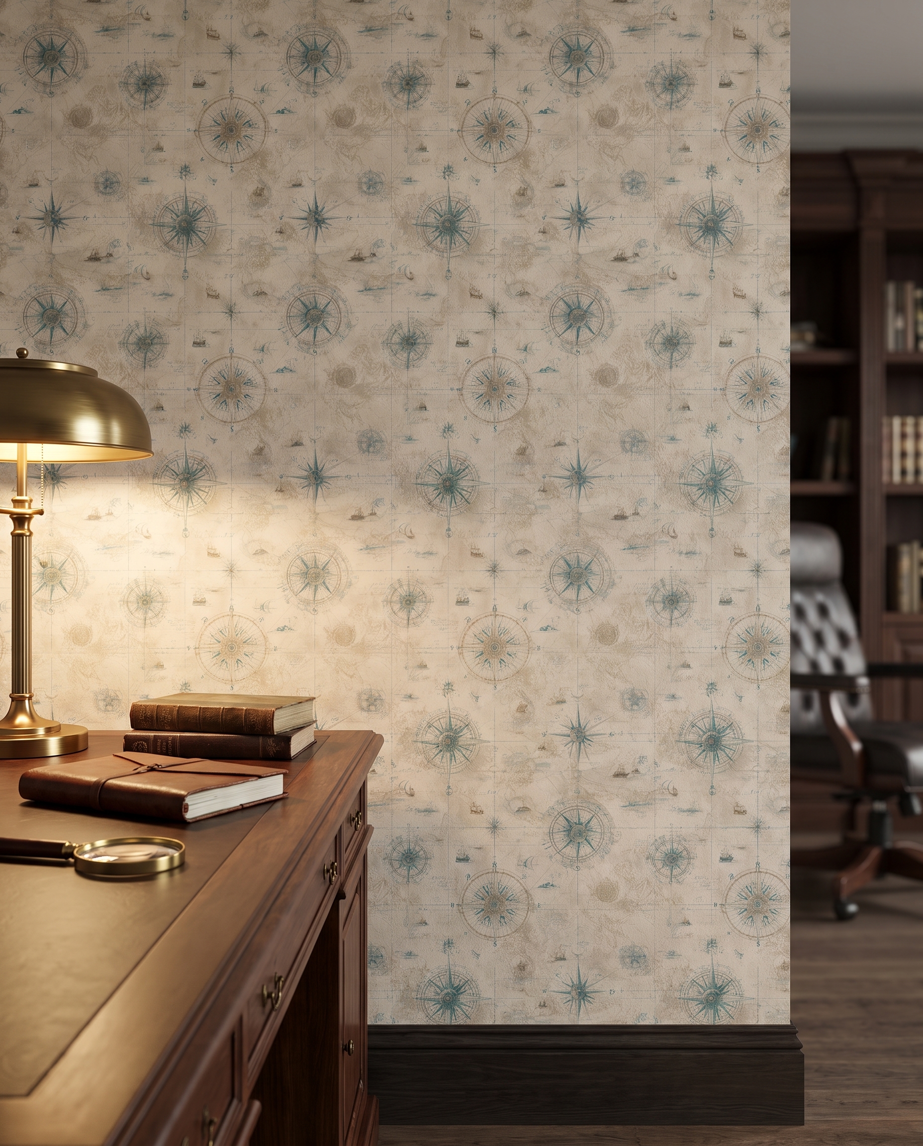 Vintage Nautical Map Wallpaper with Teal Compass Rose, Antique Chart Peel and Stick Wallpaper, Removable Mural for Office Accent Wall