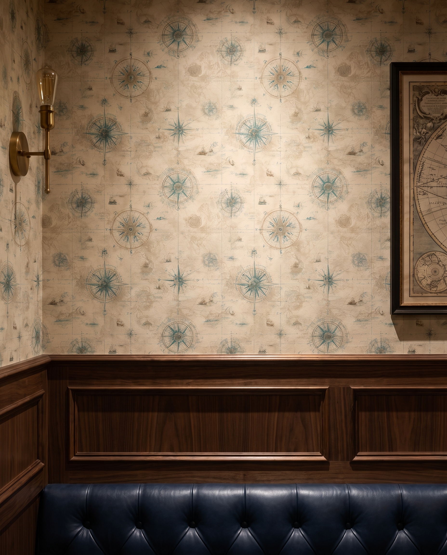 Vintage Nautical Map Wallpaper with Teal Compass Rose, Antique Chart Peel and Stick Wallpaper, Removable Mural for Office Accent Wall