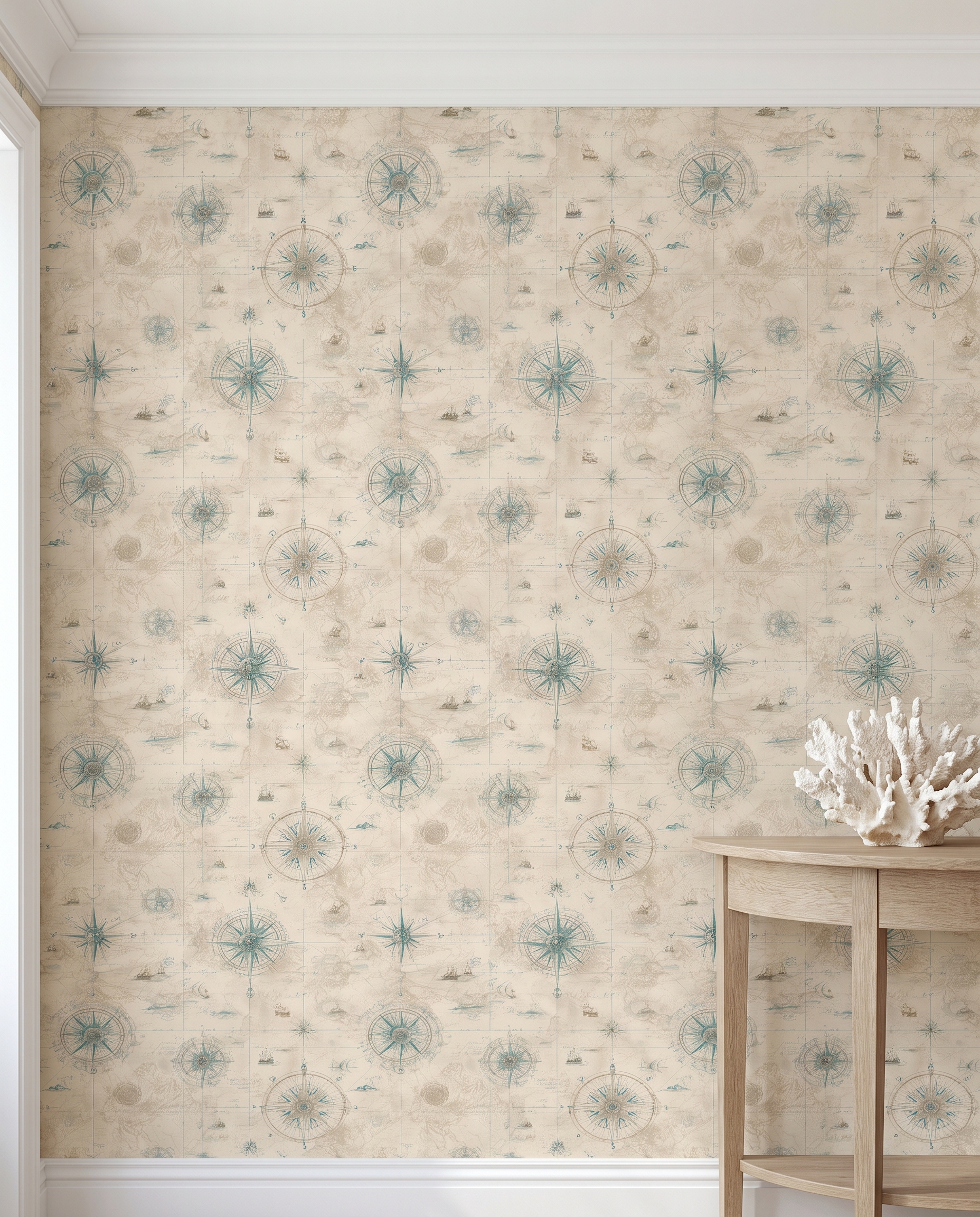 Vintage Nautical Map Wallpaper with Teal Compass Rose, Antique Chart Peel and Stick Wallpaper, Removable Mural for Office Accent Wall