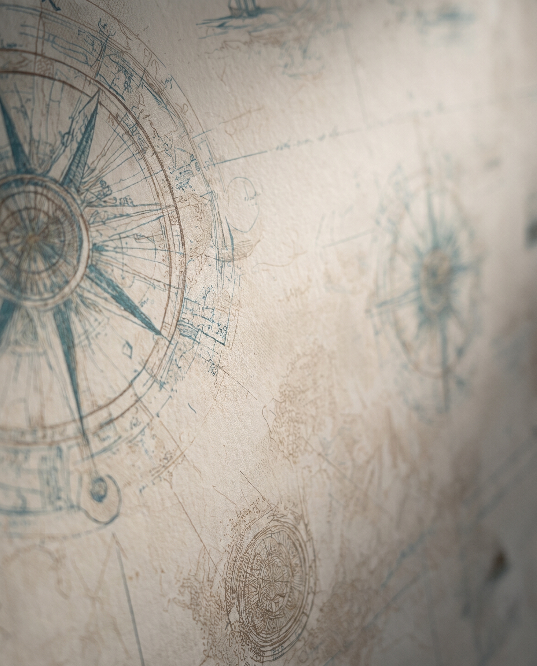 Vintage Nautical Map Wallpaper with Teal Compass Rose, Antique Chart Peel and Stick Wallpaper, Removable Mural for Office Accent Wall