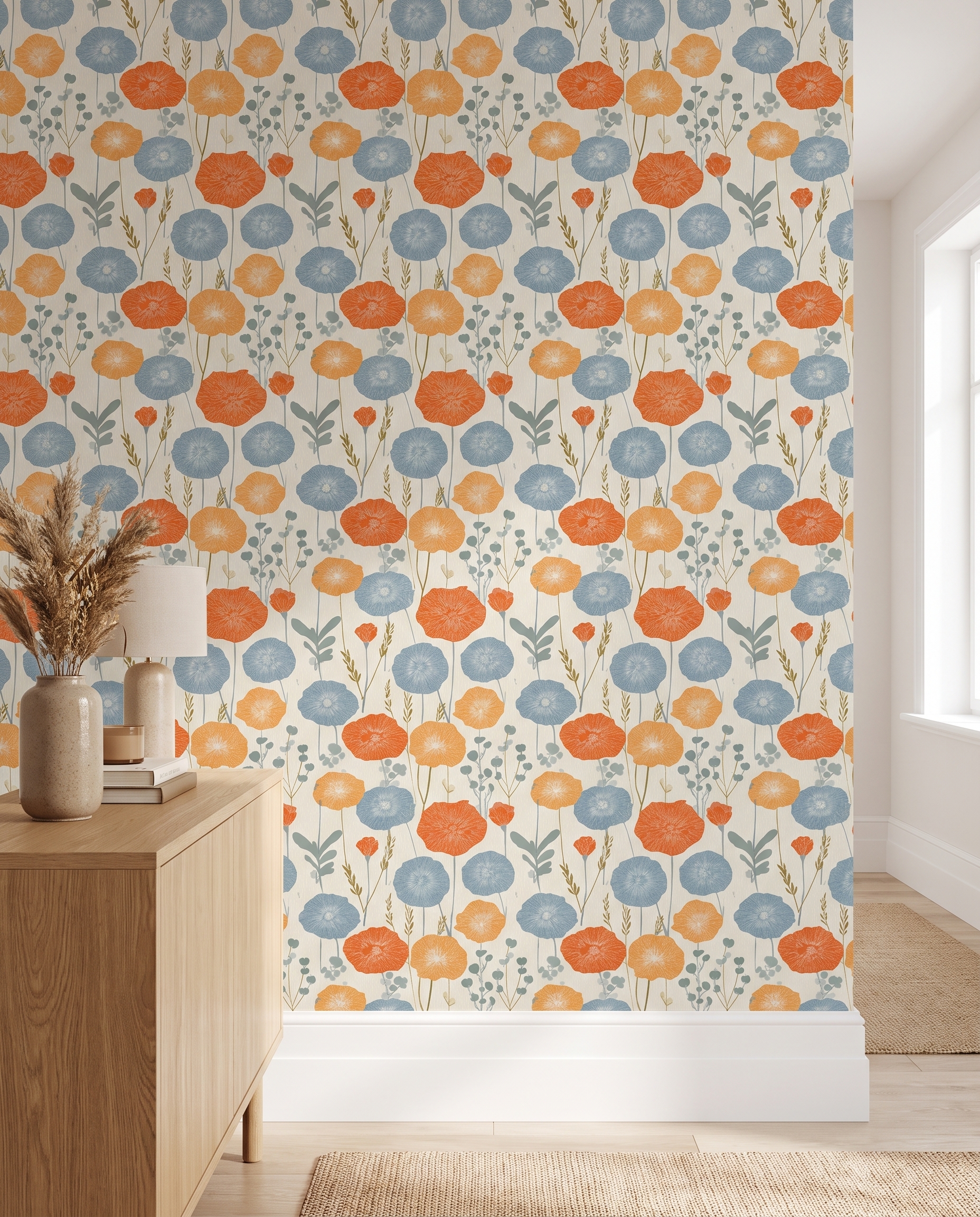 Linocut Poppy Floral Wallpaper in Blue and Orange, Scandinavian Style Removable Peel and Stick Wallpaper for a Bedroom Accent Wall