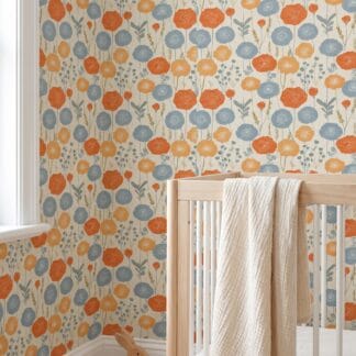 Linocut Poppy Floral Wallpaper in Blue and Orange, Scandinavian Style Removable Peel and Stick Wallpaper for a Bedroom Accent Wall