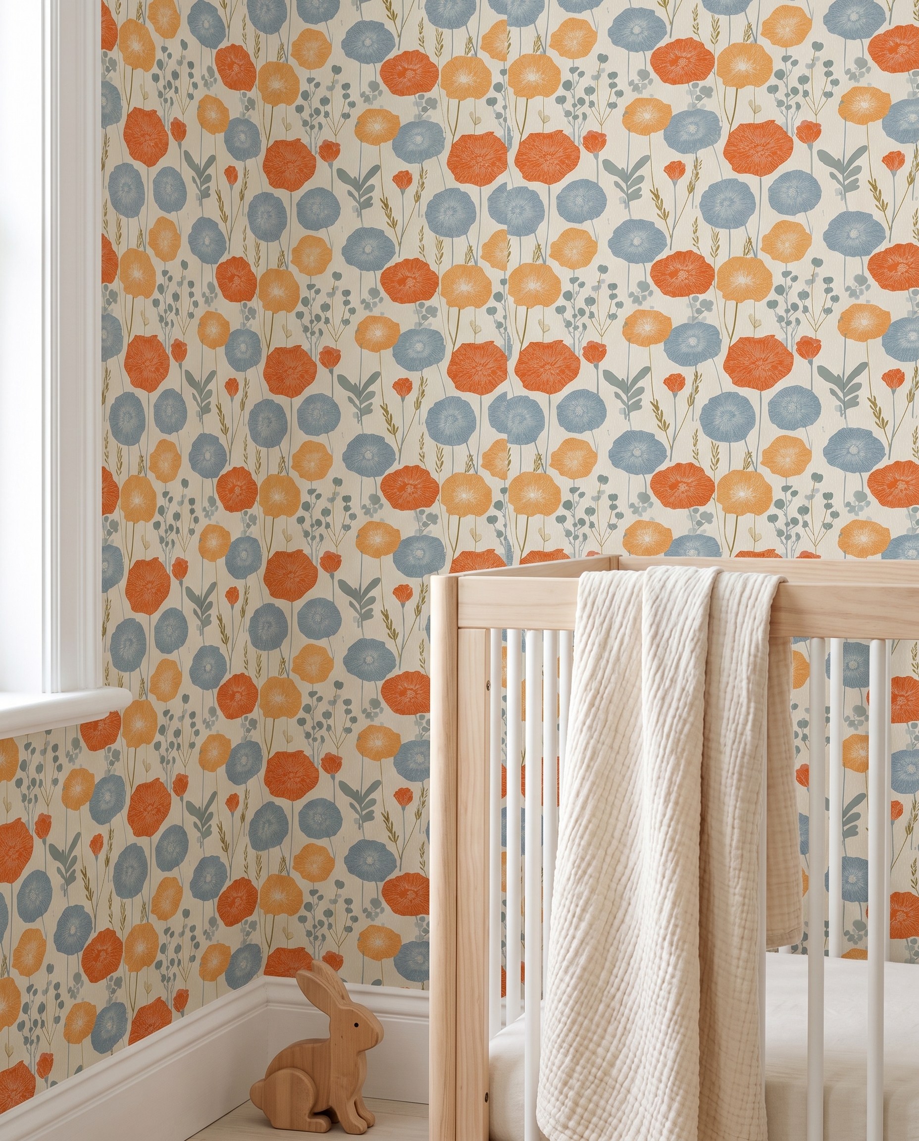 Linocut Poppy Floral Wallpaper in Blue and Orange, Scandinavian Style Removable Peel and Stick Wallpaper for a Bedroom Accent Wall